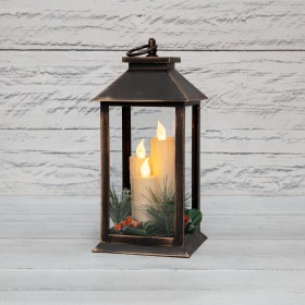 NEON-NIGHT Декоративный фонарь со свечкой и шишкой, бронзовый корпус, размер 14x14x27 см, цвет теплый белый