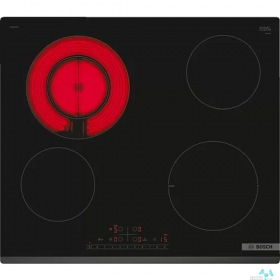 BOSCH Serie 4, электрическая варочная поверхность, стеклокерамика, черная, ширина 60 см, скос с трех сторон, 4 конфорки, 1 конфорка с круглой зоной расширения, управление TouchSelect, функция ReStart, тайме