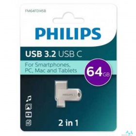 PHILIPS PHILIPS USB Drive 64Gb PHILIPS 2-in-1 USB 3.2 USB C, OTG, USB 3.2/Type-C, Металл, 100 MB/s