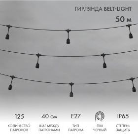 NEON-NIGHT Гирлянда Belt-Light 2 жилы, 50м, шаг 40см, 125 патронов E27, IP65, черный круглый провод NEON-NIGHT