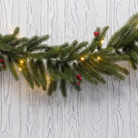 NEON-NIGHT Еловый шлейф с ягодами и гирляндой NEON-NIGHT 1.8 м, 30 LED, 31 В, литой, теплое белое свечение