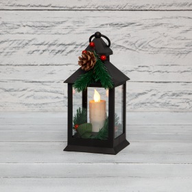 NEON-NIGHT Декоративный фонарь со свечкой и шишкой, черный корпус, размер 10,7x10,7x23,5 см, цвет теплый белый