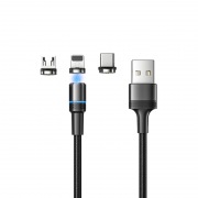 Кабель USB 3в1 со съемными магнитными портами, Type-С (2A), Lightning (2,4A), Micro USB (2A), 1,2м, в черной оплетке, с LED подсветкой REXANT | Фото 1