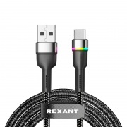 Кабель USB-A – Type-C, 3А, 18Вт, 1м, в черной нейлоновой оплетке, с LED подсветкой REXANT | Фото 1