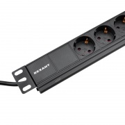 Блок распределения питания PDU горизонтальный 1U 6 розеток СЕЕ 7/4 Schuko 10A без выкл алюм корп шнур 2м вилка C14 черный REXANT | Фото 2