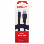 Кабель REXANT USB-microUSB 1 м, плоский провод, синяя джинсовая оплетка  | Фото 1