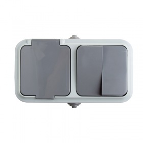 REXANT Выключатель двухклавишный + розетка влагозащищенная для открытой установки  IP 54, выключатель 10 А, розетка с/з 16 А